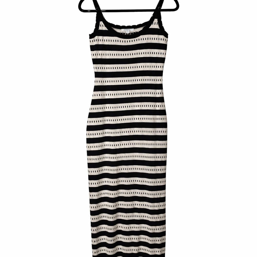 Lalavon Striped Black and Off White Maxi Dress with Thin Straps size Medium